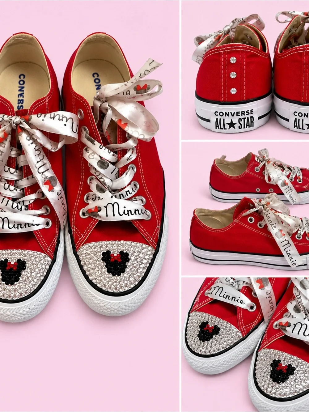 Converse Women’s Custom-Designed Red Minnie Mouse Crystal Accent Lowtop Sneakers